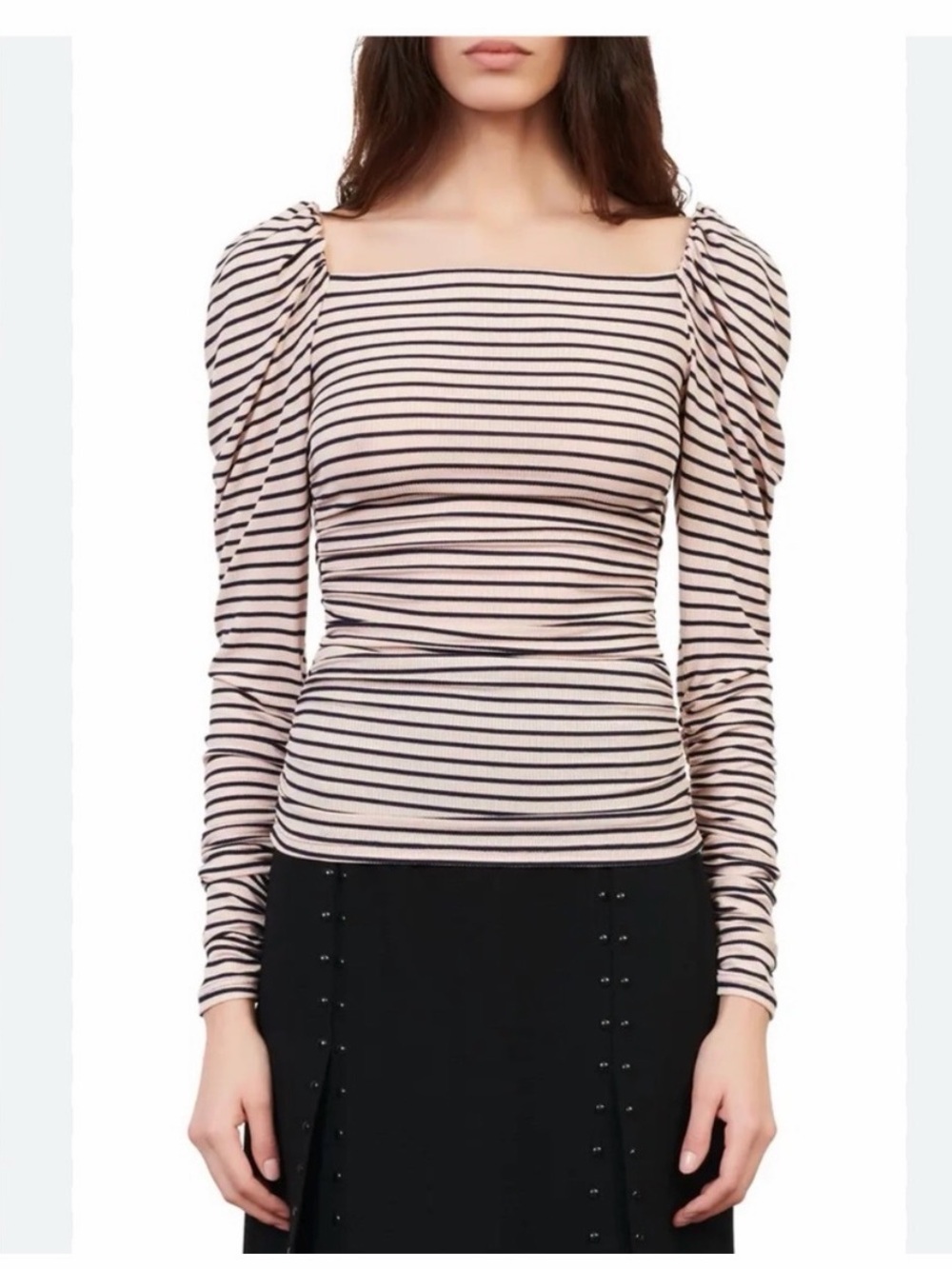 Maje Pink and Black Square-Neck Puff-Sleeve Striped Top